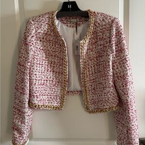 Alice + Olivia Pink Off White, Raspberry and Gold Tweed Dress Suit Set - Size M